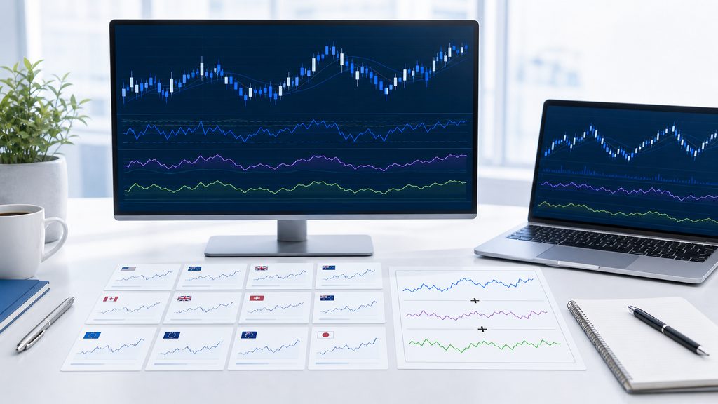 通貨ペアの絞り方と3つのインジの組み合わせ設定例のイメージ